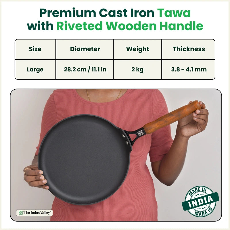 CASTrong Cast Iron Dosa Tawa with Wooden Handle, Pre-seasoned, Nonstick, 100% Pure, Toxin-free, Large 28.2cm, 2kg