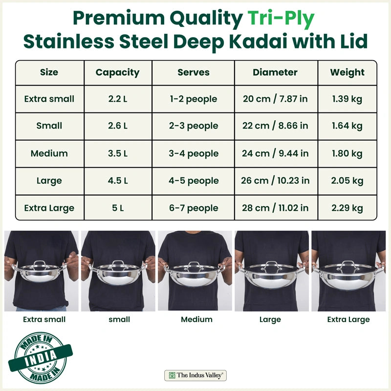 Tri-ply Stainless Steel Kadai with Steel Lid, Premium Quality, 3 Layer Thick Body, 100% Toxin-free, Non-stick, Induction & Gas, 20cm/22cm/24cm/26cm/28cm