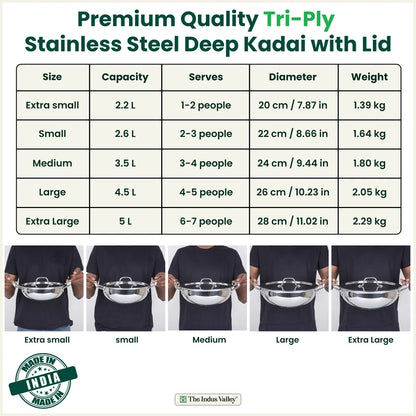 Tri-ply Stainless Steel Kadai with Steel Lid, Premium Quality, 3 Layer Thick Body, 100% Toxin-free, Non-stick, Induction & Gas, 20cm/22cm/24cm/26cm/28cm