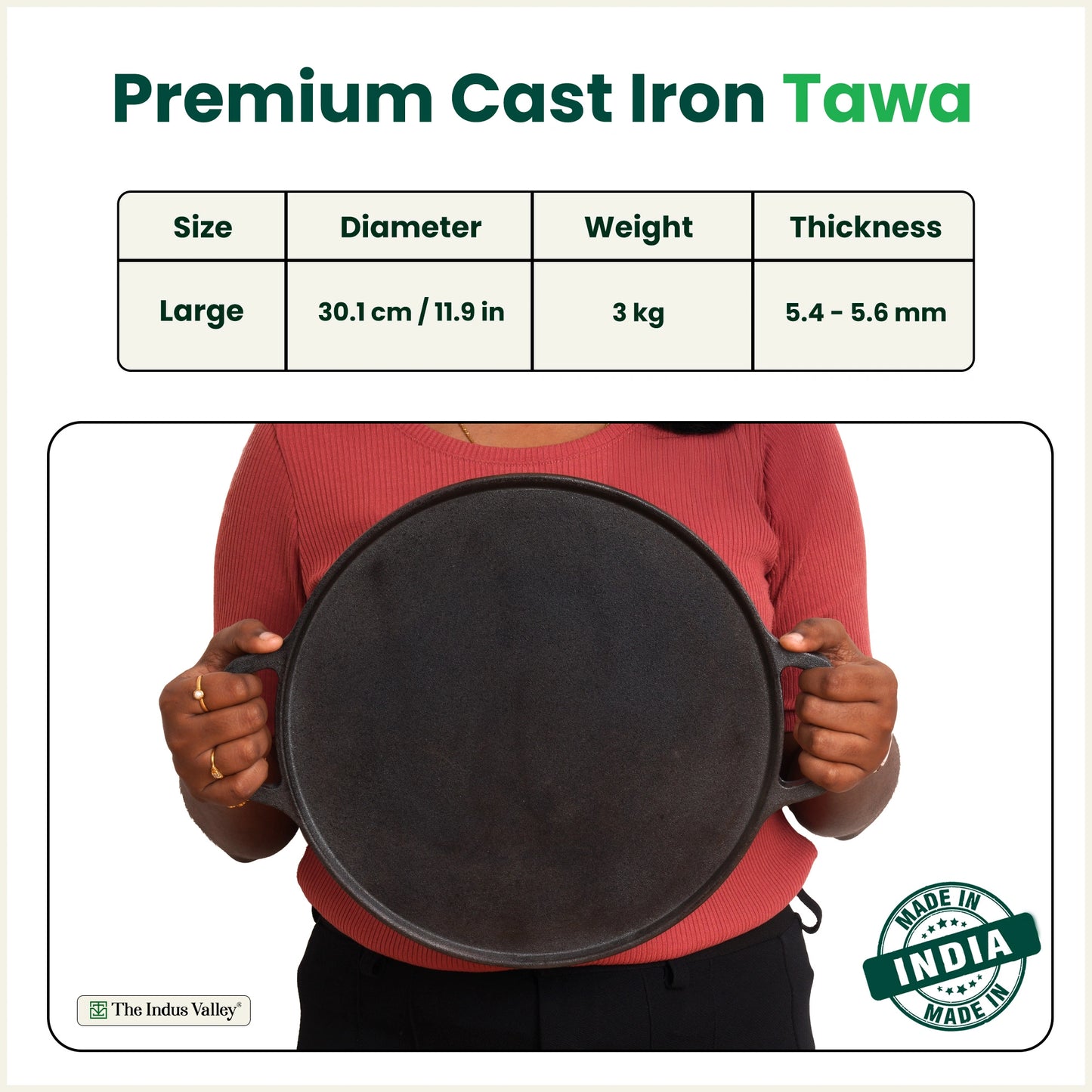 CASTrong Cast Iron Double Handle Tawa, Pre-seasoned, Nonstick, 100% Pure, Toxin-free, Large 30.1cm, 3kg