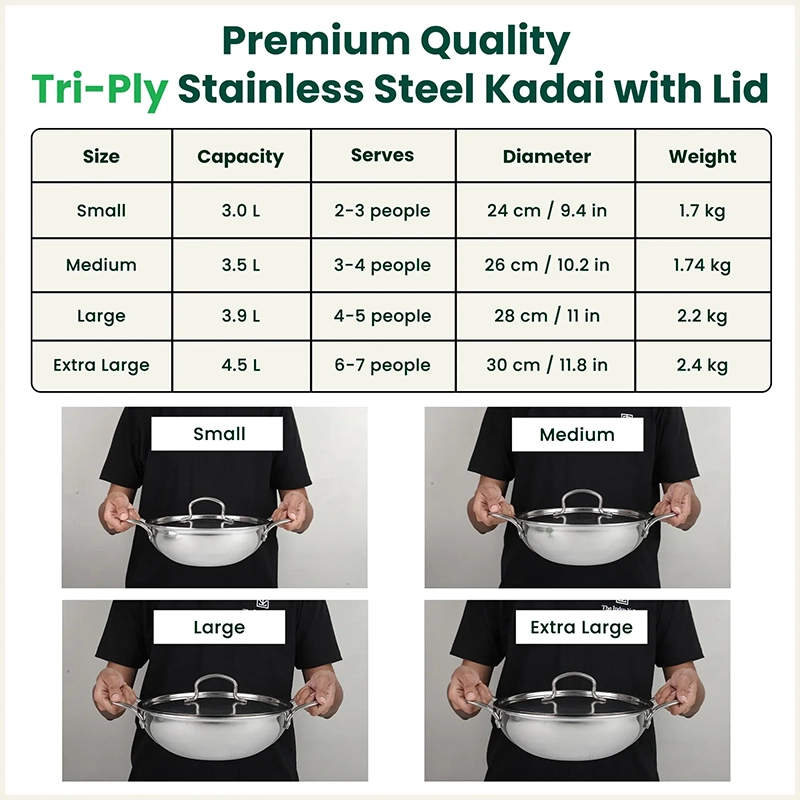 TurboCuk Tri-ply Stainless Steel Kadai+ Steel Lid, Premium Quality, 3 Layer Thick Body, 100% Toxin-free, Non-stick, Induction & Gas, 3L/3.5L/3.9L/4.5L