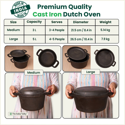 CASTrong Cast Iron Dutch Oven/ Casserole with Lid,Pre-seasoned, 100% Pure, Toxin-free, Induction, 21.4cm, 3L, 5.14kg