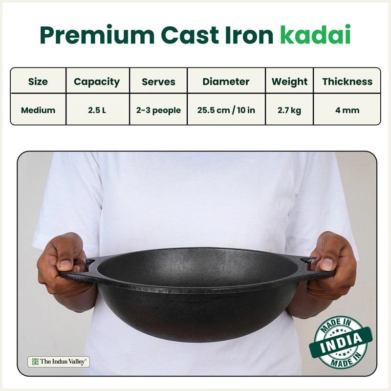 CASTrong Cast Iron Kadai, Pre-seasoned, Nonstick, 100% Pure, Toxin-free, Medium 25.5cm, 2.7kg