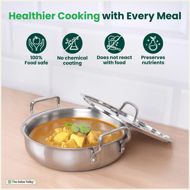 Tri-ply Stainless Steel Uruli with Steel Lid, Premium Quality, 3 Layer Thick Body, 100% Toxin-free, Non-stick, Induction & Gas, 3L/4.6L