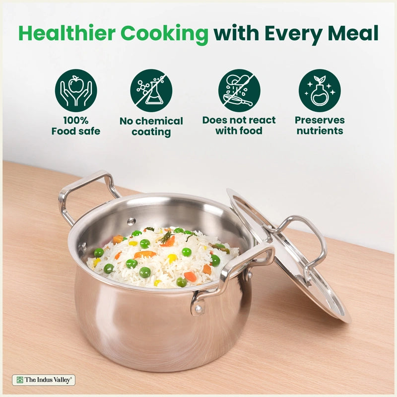 Tri-ply Stainless Steel Handi Shaped Biryani Pot/ Casserole/ Sauce Pot with Steel Lid, Premium Quality, 3 Layer Thick Body and 5-ply Bottom, 100% Toxin-free, Non-stick, Induction & Gas, 2L/2.6L/4L