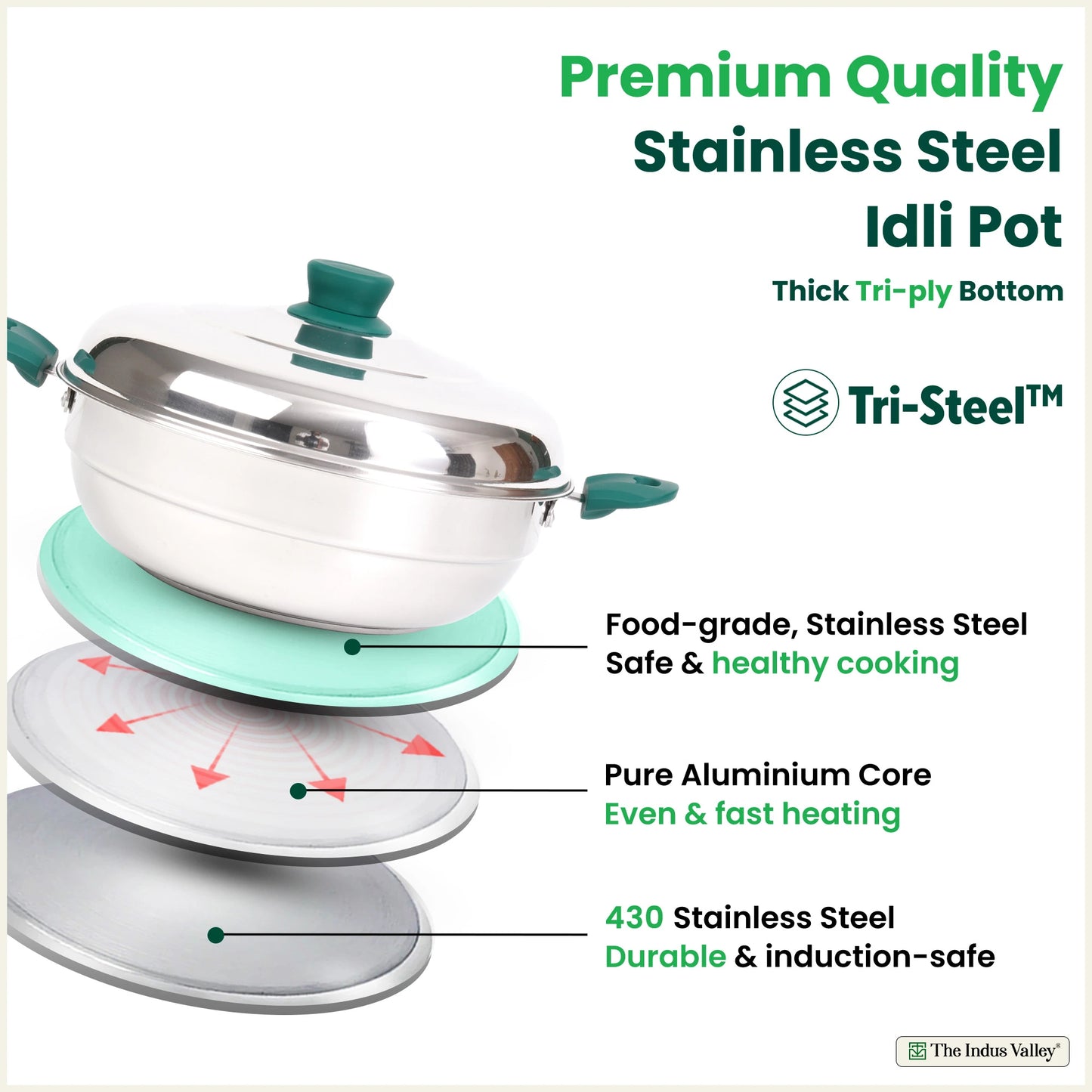 14 Pit Tri-Steel Multi Pot Premium Stainless Steel Idli/ Momo Maker/ Veg Steaming Set, Tri-ply Induction Bottom, 2 Plates, 27cm