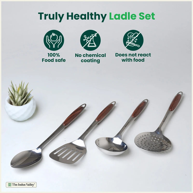 Premium Stainless Steel Ladle Set with Woody Handle – Set of 4 | Solid Spoon, Slotted Turner, Skimmer & Ladle | Heat-Resistant, 100% Food-Safe, Rust-Free, Easy to Clean