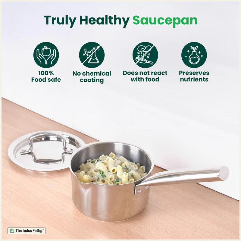 100% Premium Quality Tri-Steel Stainless Steel Tea/Milk Pan/Saucepan, 3 Layer Thick Bottom, Non-stick, Induction & Gas, 1.3L