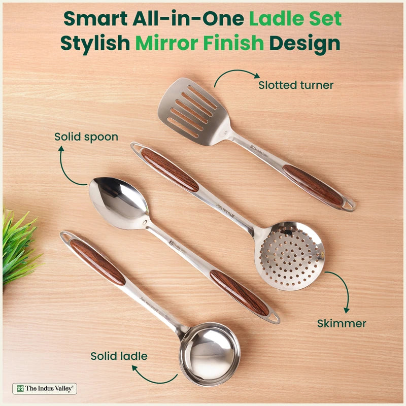 Premium Stainless Steel Ladle Set with Woody Handle – Set of 4 | Solid Spoon, Slotted Turner, Skimmer & Ladle | Heat-Resistant, 100% Food-Safe, Rust-Free, Easy to Clean