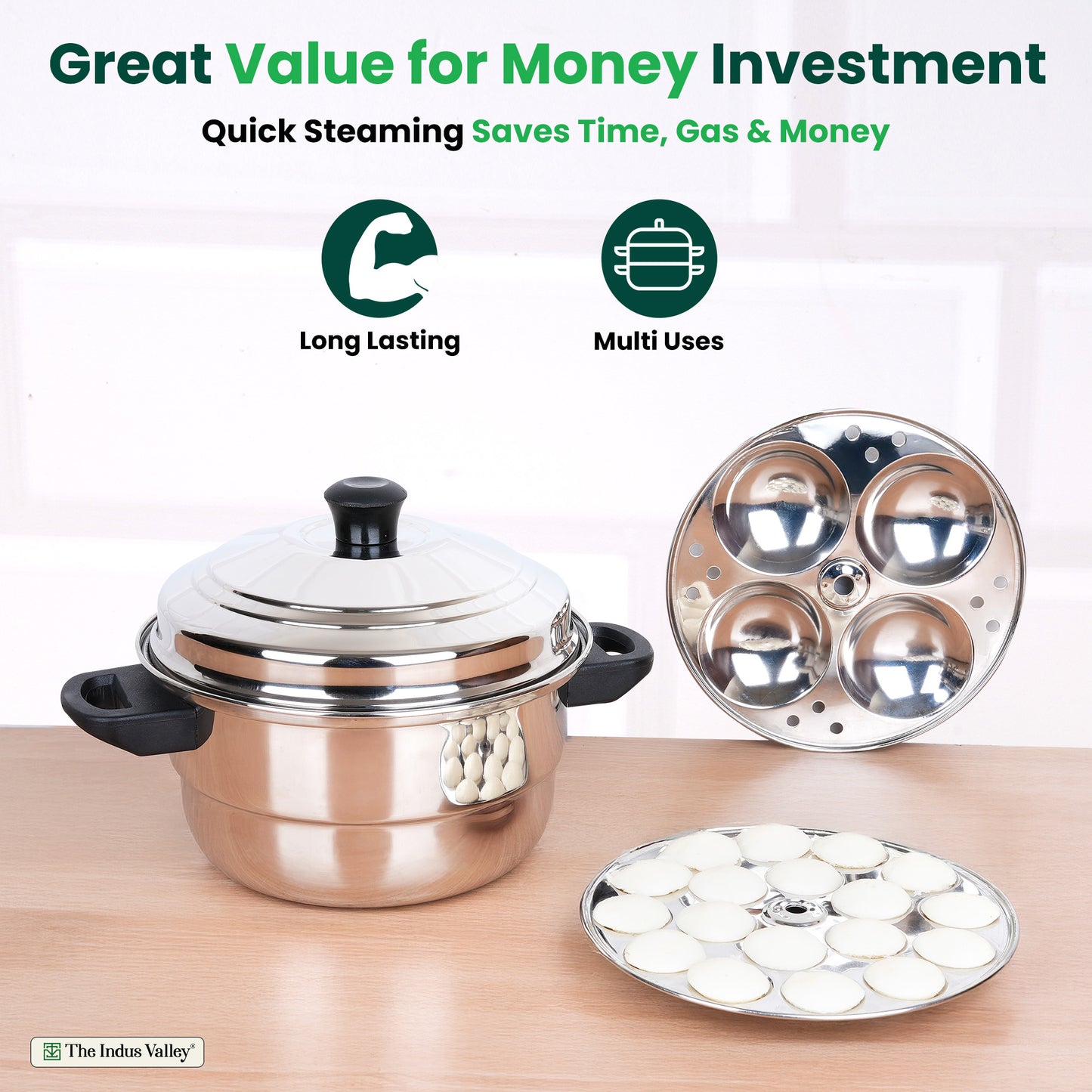 Premium Stainless Steel idlipot regular with mini idli plates-(3+1) Idli/ Momo Maker/ Veg Steaming Set, Tri-ply Induction Bottom, 4 Plates