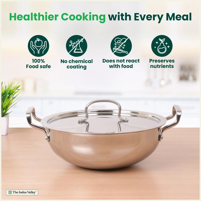 Tri-ply Stainless Steel Kadai with Steel Lid, Premium Quality, 3 Layer Thick Body, 100% Toxin-free, Non-stick, Induction & Gas, 20cm/22cm/24cm/26cm/28cm
