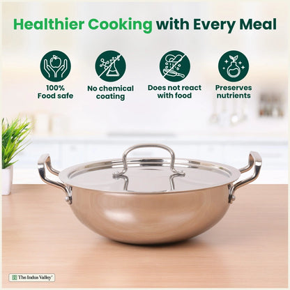 Tri-ply Stainless Steel Kadai with Steel Lid, Premium Quality, 3 Layer Thick Body, 100% Toxin-free, Non-stick, Induction & Gas, 20cm/22cm/24cm/26cm/28cm