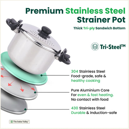 Tri-steel Stainless Steel Rice Pot with Strainer Lid & Lockable Bakelite Handles, Tri-ply 3-Layer Heavy Bottom | Noodle/Pasta/Corn/Soya/Veggies Boiler Pot, Steamer Cooker, Induction & Gas, 1.08 Kg, 19cm, 3.5 L