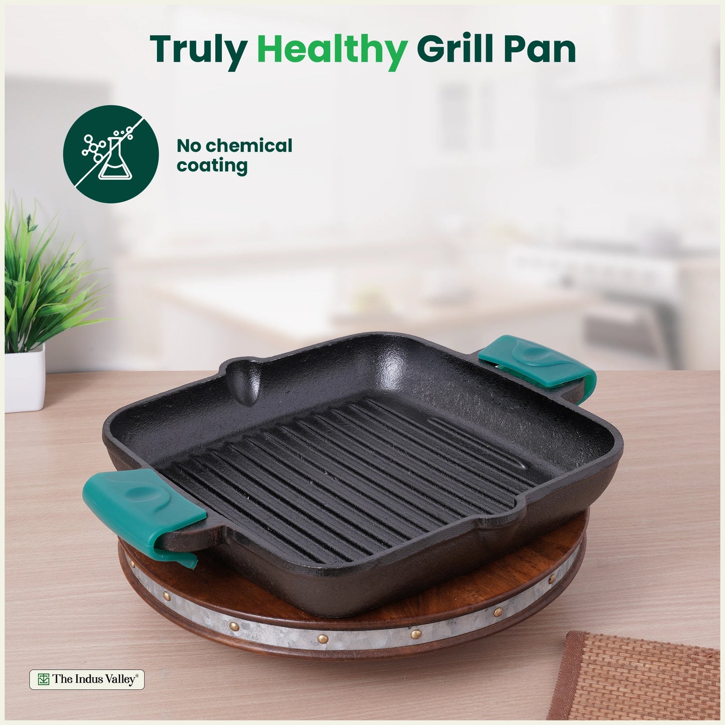 CASTrong Cast Iron Double Handle Grill Pan with Silicon Handle, Pre-seasoned, Naturally Nonstick, 100% Pure, Toxin-free Grill Pan for Kitchen Use, 10.4 In/26.5 cm/2 kg