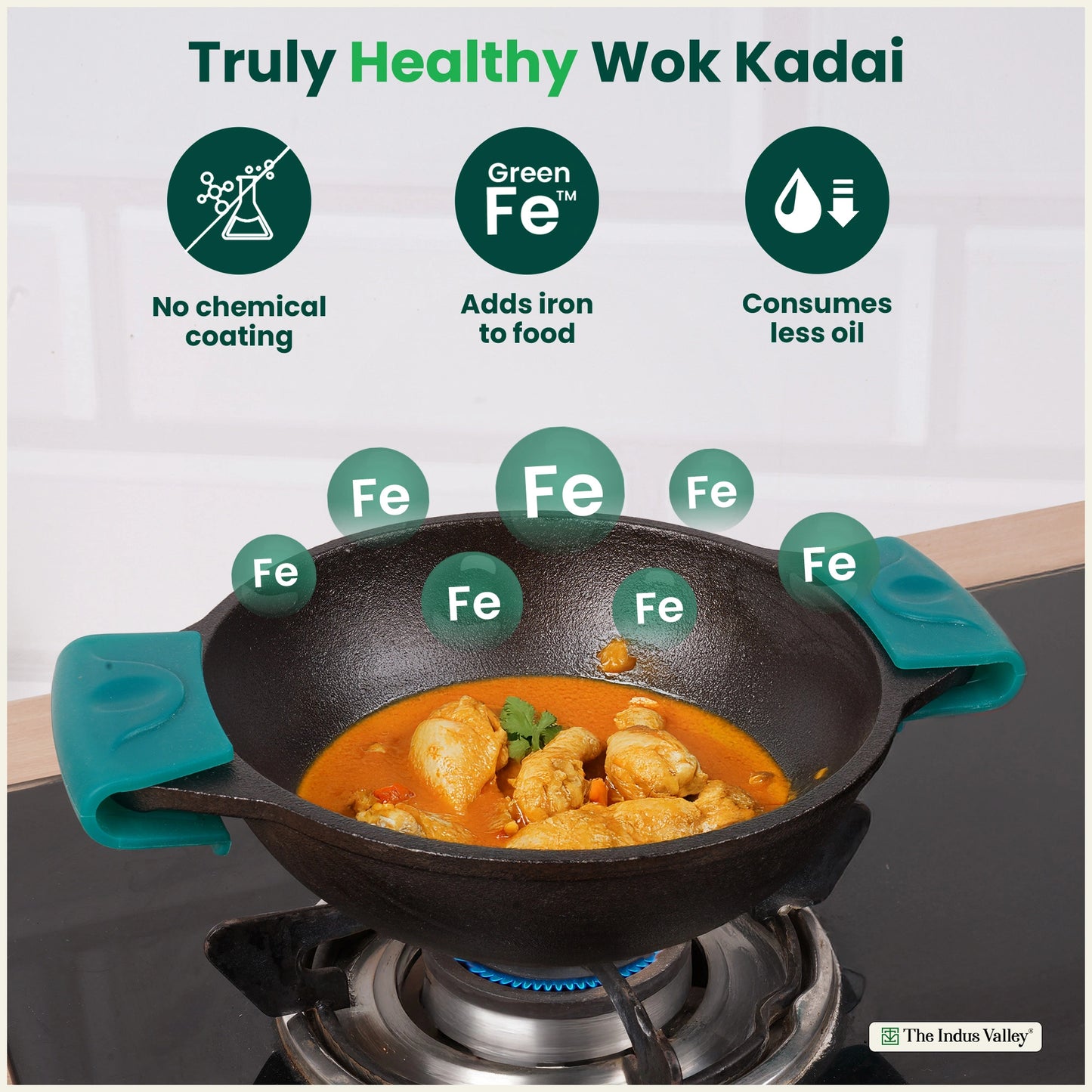 CASTrong Cast Iron Double Handle Kadai with Silicon Handle, Pre-seasoned, Naturally Nonstick, 100% Pure, Toxin-free, Dosa Tawa for Kitchen Use, 11.8 In/30.2 cm/2.4 kg
