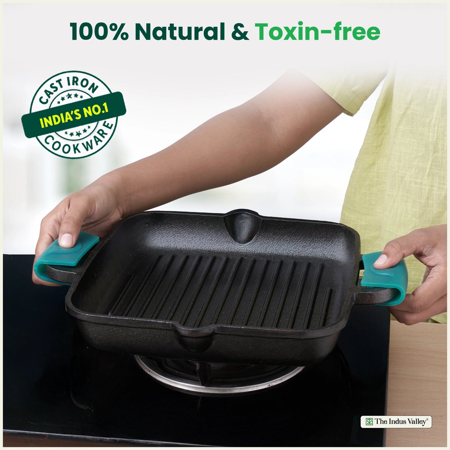 CASTrong Cast Iron Double Handle Grill Pan with Silicon Handle, Pre-seasoned, Naturally Nonstick, 100% Pure, Toxin-free Grill Pan for Kitchen Use, 10.4 In/26.5 cm/2 kg