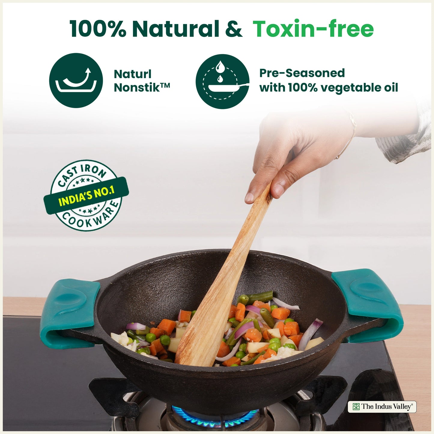 CASTrong Cast Iron Double Handle Kadai with Silicon Handle, Pre-seasoned, Naturally Nonstick, 100% Pure, Toxin-free, Dosa Tawa for Kitchen Use, 11.8 In/30.2 cm/2.4 kg