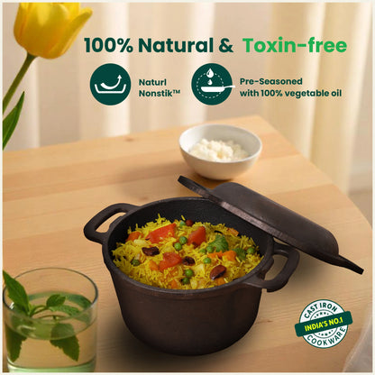 CASTrong Cast Iron Dutch Oven/ Casserole with Lid,Pre-seasoned, 100% Pure, Toxin-free, Induction, 21.4cm, 3L, 5.14kg