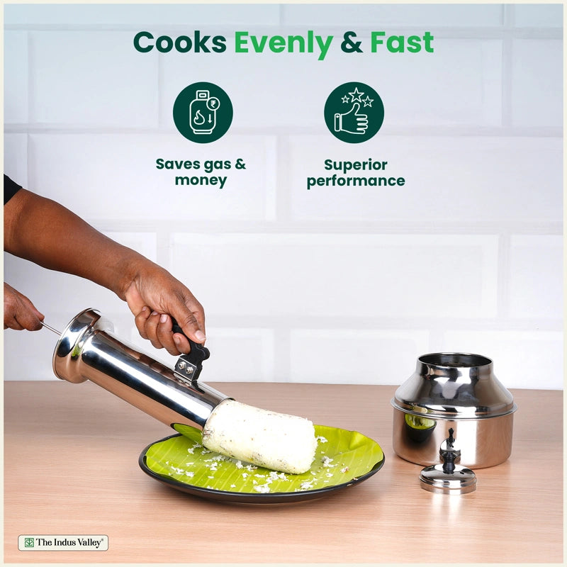 Stainless Steel Puttu Maker, Premium Quality, 100% Toxin-free, Non-stick, Bakelite Handle, Induction & Gas, 1.2L