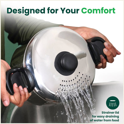 Tri-steel Stainless Steel Rice Pot with Strainer Lid & Lockable Bakelite Handles, Tri-ply 3-Layer Heavy Bottom | Noodle/Pasta/Corn/Soya/Veggies Boiler Pot, Steamer Cooker, Induction & Gas, 1.08 Kg, 19cm, 3.5 L