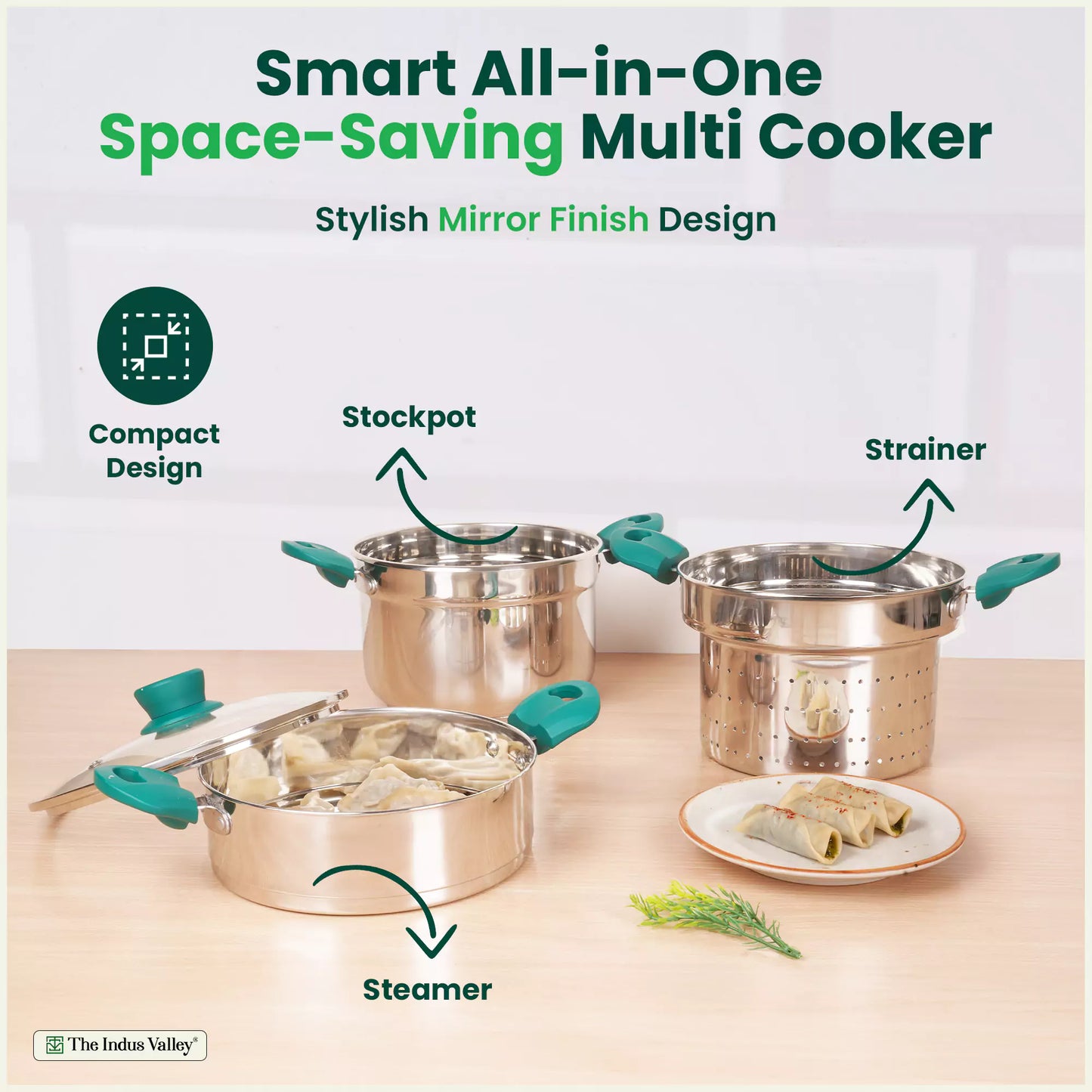 Tri-steel Multi Cooker Pot Premium Stainless Steel Momo Maker/ Idiyappam/ Biryani/ Veg Steaming Set, 3 Pots, 21cm