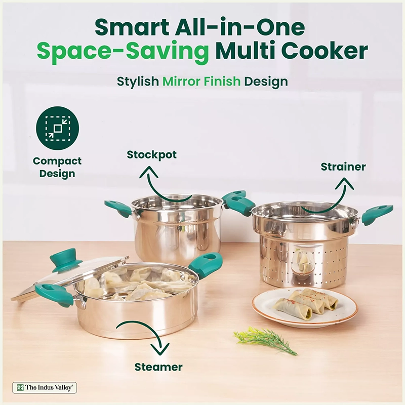 Tri-steel Multi Cooker Pot Premium Stainless Steel Momo Maker/ Idiyappam/ Biryani/ Veg Steaming Set, 3 Pots, 21cm