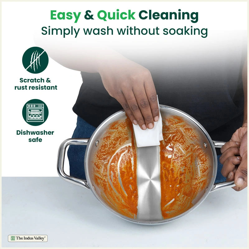 TurboCuk Tri-ply Stainless Steel Cookware Set: 24cm Kadai with Lid + 22cm Fry Pan + 16cm Sauce pan, Premium Quality, 3 Layer Thick Body, 100% Toxin-free, Non-stick, Induction & Gas