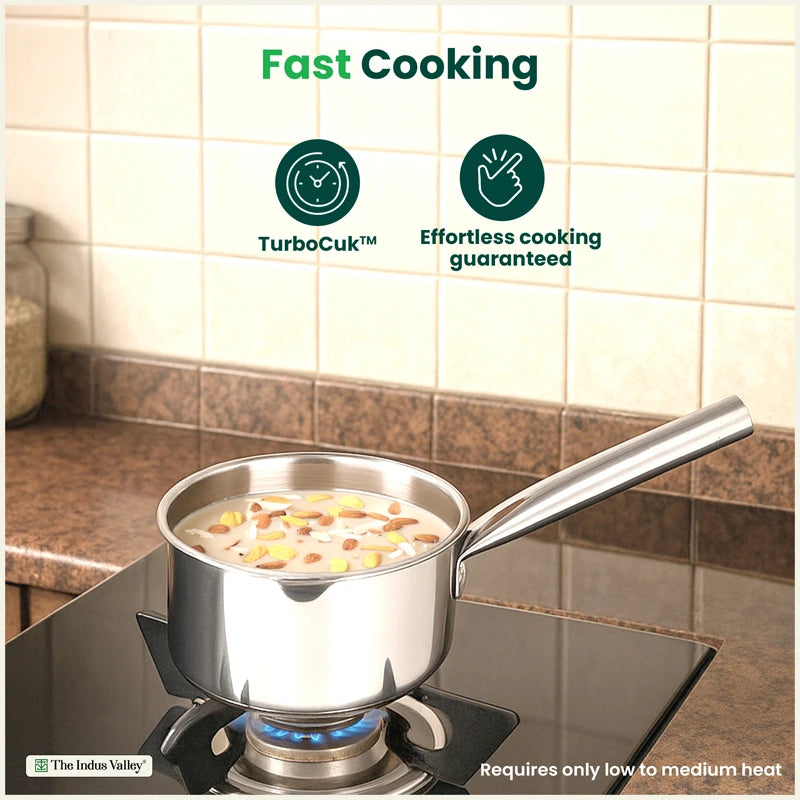 100% Premium Quality Tri-Steel Stainless Steel Tea/Milk Pan/Saucepan, 3 Layer Thick Bottom, Non-stick, Induction & Gas, 1.3L
