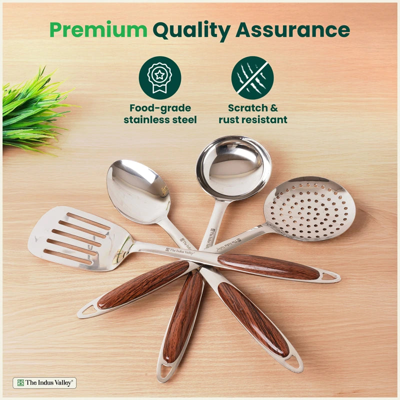 Premium Stainless Steel Ladle Set with Woody Handle – Set of 4 | Solid Spoon, Slotted Turner, Skimmer & Ladle | Heat-Resistant, 100% Food-Safe, Rust-Free, Easy to Clean