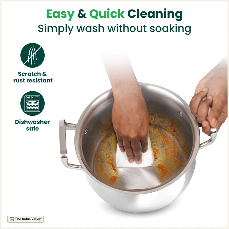 Tri-ply Stainless Steel Handi Shaped Biryani Pot/ Casserole/ Sauce Pot with Steel Lid, Premium Quality, 3 Layer Thick Body and 5-ply Bottom, 100% Toxin-free, Non-stick, Induction & Gas, 2L/2.6L/4L