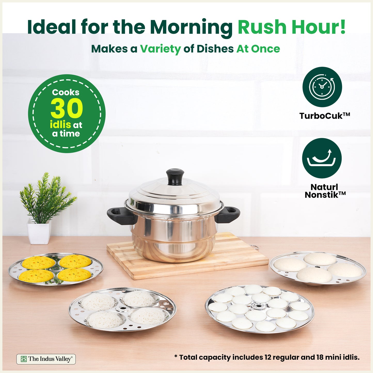 Premium Stainless Steel idlipot regular with mini idli plates-(3+1) Idli/ Momo Maker/ Veg Steaming Set, Tri-ply Induction Bottom, 4 Plates