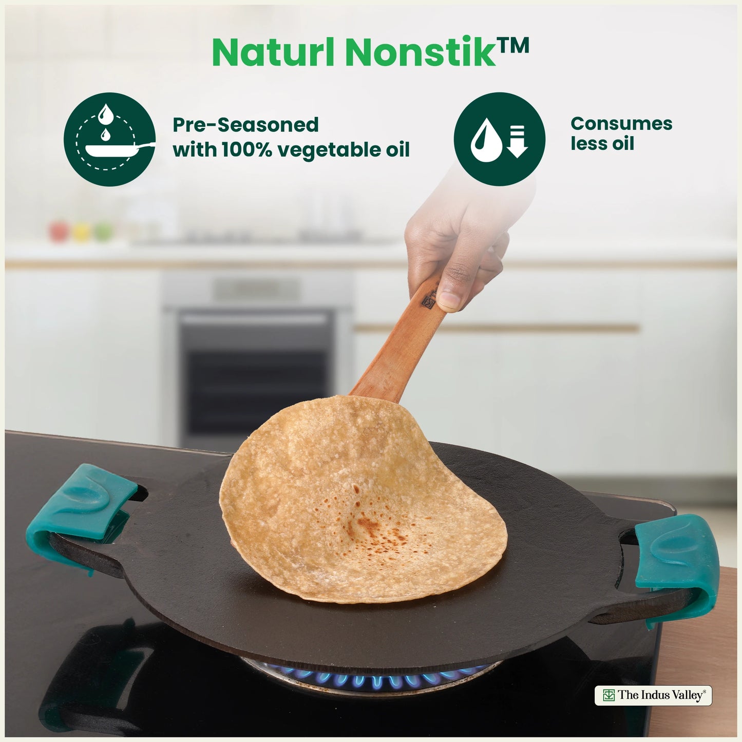 CASTrong Cast Iron Double Handle Tawa with Silicon Handle, Pre-seasoned, Naturally Nonstick, 100% Pure, Toxin-free, Dosa Tawa for Kitchen Use, 11 In/27.9 cm/2 kg