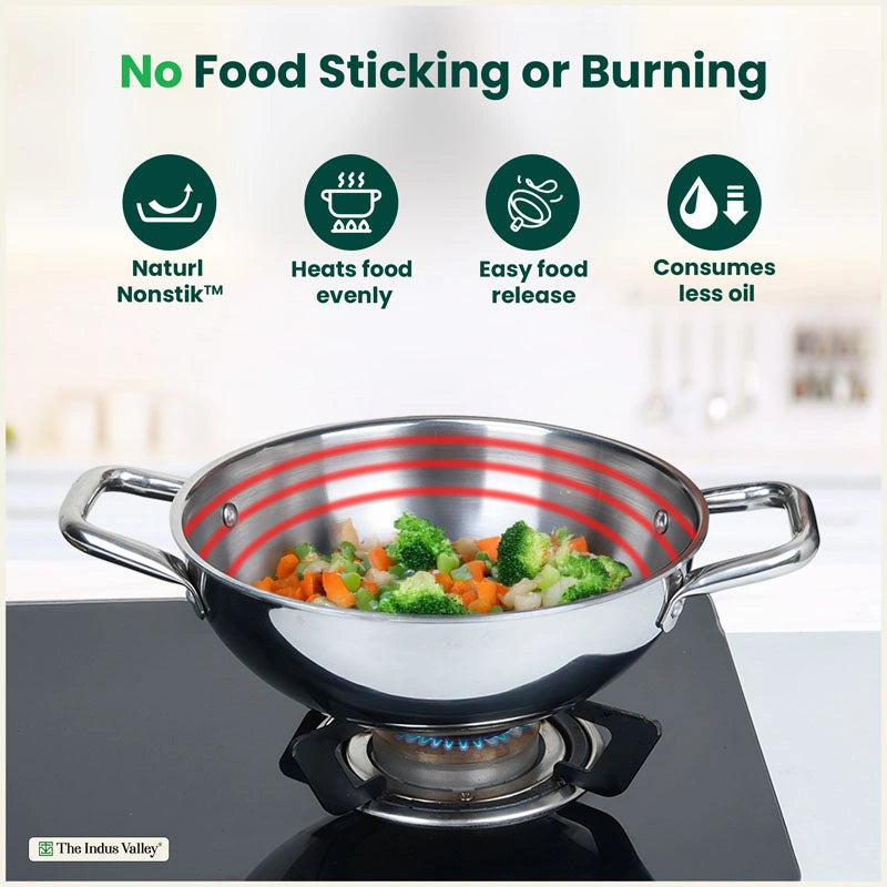 TurboCuk Tri-ply Stainless Steel Cookware Set: 24cm Kadai with Lid + 22cm Fry Pan + 16cm Sauce pan, Premium Quality, 3 Layer Thick Body, 100% Toxin-free, Non-stick, Induction & Gas
