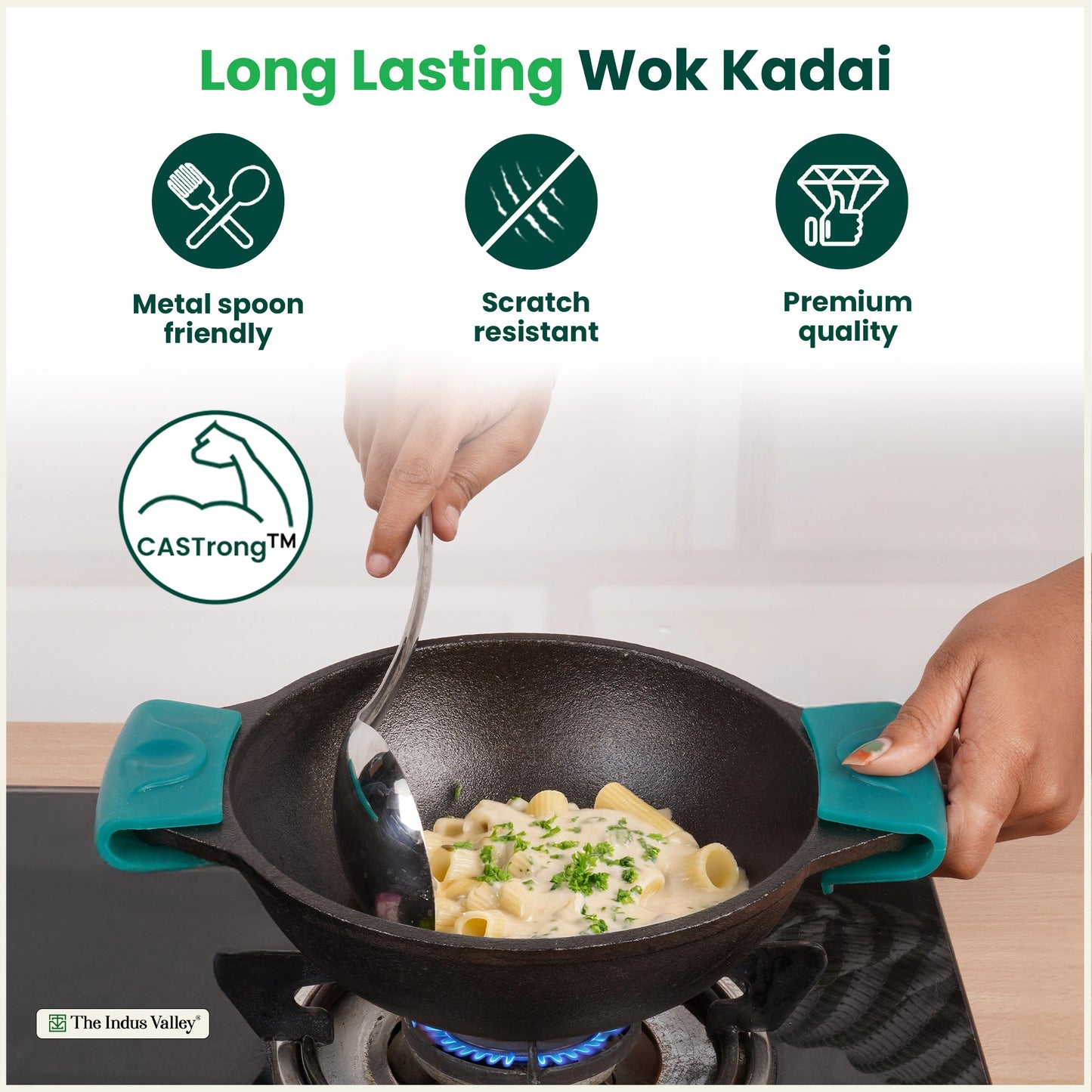 CASTrong Cast Iron Double Handle Kadai with Silicon Handle, Pre-seasoned, Naturally Nonstick, 100% Pure, Toxin-free, Dosa Tawa for Kitchen Use, 11.8 In/30.2 cm/2.4 kg