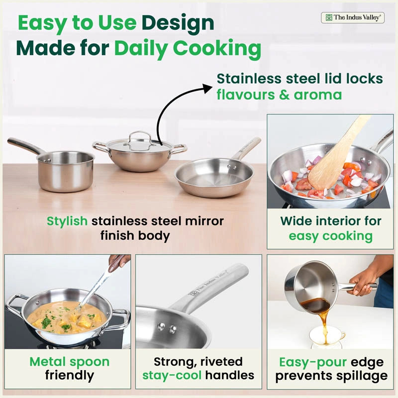 TurboCuk Tri-ply Stainless Steel Cookware Set: 24cm Kadai with Lid + 22cm Fry Pan + 16cm Sauce pan, Premium Quality, 3 Layer Thick Body, 100% Toxin-free, Non-stick, Induction & Gas