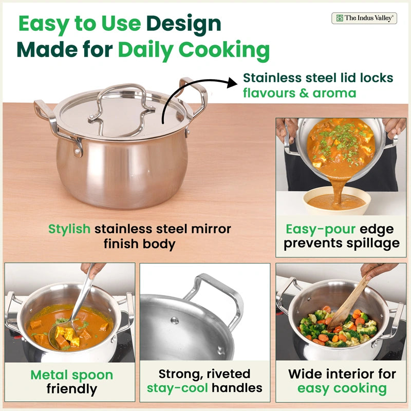 Tri-ply Stainless Steel Handi Shaped Biryani Pot/ Casserole/ Sauce Pot with Steel Lid, Premium Quality, 3 Layer Thick Body and 5-ply Bottom, 100% Toxin-free, Non-stick, Induction & Gas, 2L/2.6L/4L