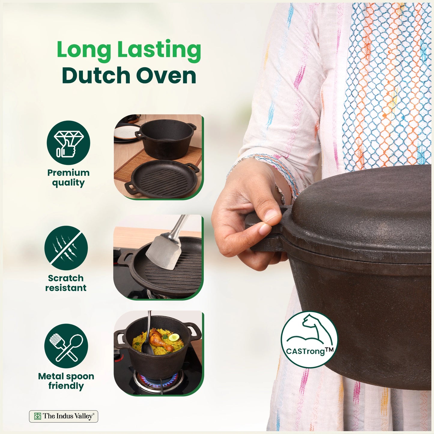 CASTrong Cast Iron Dutch Oven/ Casserole with Lid,Pre-seasoned, 100% Pure, Toxin-free, Induction, 26.5cm, 5 Liter, 7.9 kg