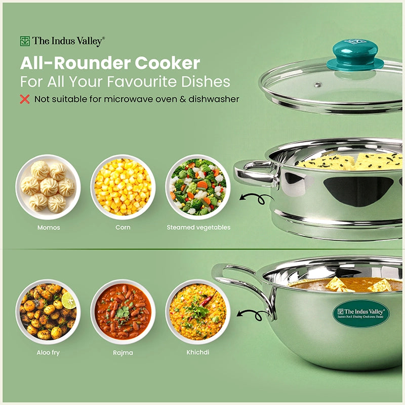 Triply Stainless Steel Deep Kadai & Steamer with Glass Lid -20cm Premium Quality, 3 Layer Thick Body, 100% Toxin-free, Non-stick, Induction & Gas