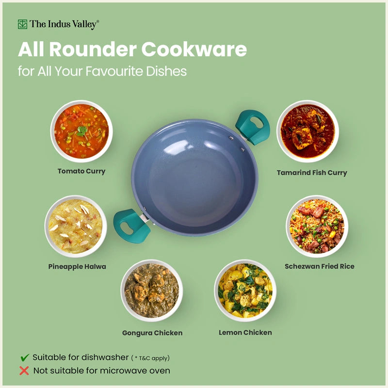 Tri-ply Ceramic Kadai with Glass Lid -24cm, Ceramic Coating, 100% Toxin-Free, PFOA & PFAS Free, Non-Stick, Induction & Gas Compatible