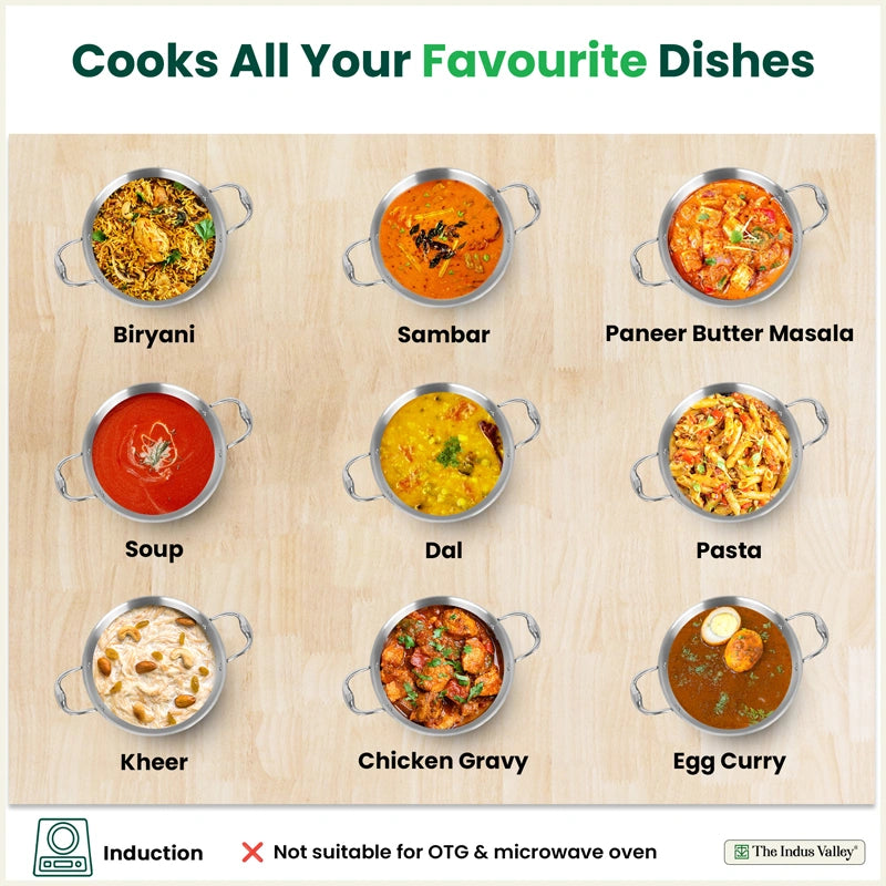 Premium Quality Tri-ply Stainless Steel Short Biryani Pot/Casserole/Stock Pot with Steel Lid 2.5L / 4.0L / 6.5L, 100% Toxin-free, Wide Base, 3 Layer Thick Body, Non-stick, Induction & Gas