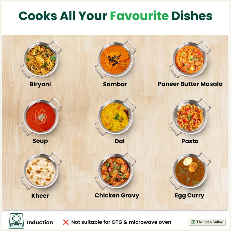 Tri-ply Stainless Steel Handi Shaped Biryani Pot/ Casserole/ Sauce Pot with Steel Lid, Premium Quality, 3 Layer Thick Body and 5-ply Bottom, 100% Toxin-free, Non-stick, Induction & Gas, 2L/2.6L/4L