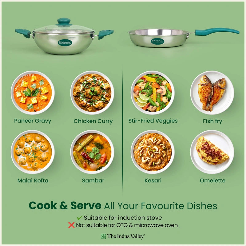 Premium Tri-ply Cookware Set: Kadai with Glass Lid(22cm)+ Frypan(22cm), Tri-ply (3 Layer) Bottom, Induction & Gas