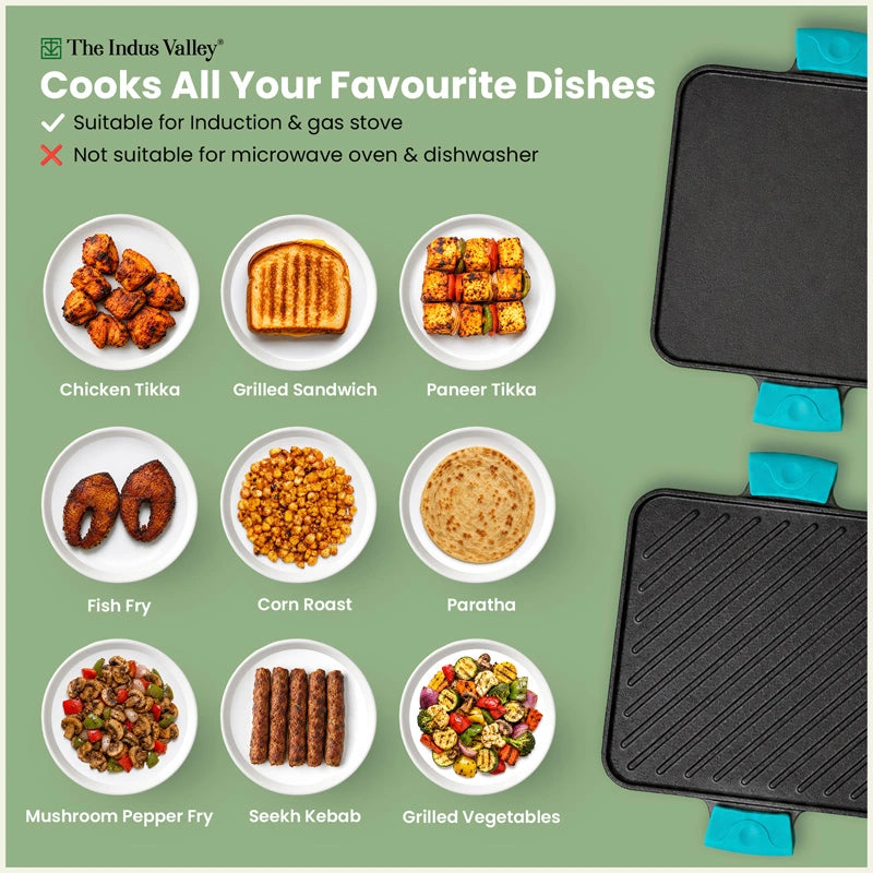 CASTrong Cast Iron Square Griddle / Grill Pan 10.5 Inch with Silicone Grip, Pre-seasoned, 100% Pure, Toxin-free, Induction Compatible