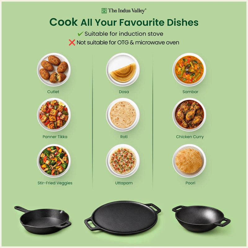 Super Smooth Cast Iron Cookware Set: (30cm)Tawa+ (26cm)Kadai+ (24.8cm)Fry Pan, Kitchen Set for Home, Pre-seasoned, 100% Pure, Toxin-free, Free ₹400 Tadka Pan