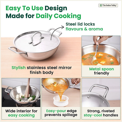 TurboCuk Tri-ply Stainless Steel Kadai+ Steel Lid, Premium Quality, 3 Layer Thick Body, 100% Toxin-free, Non-stick, Induction & Gas, 3L/3.5L/3.9L/4.5L