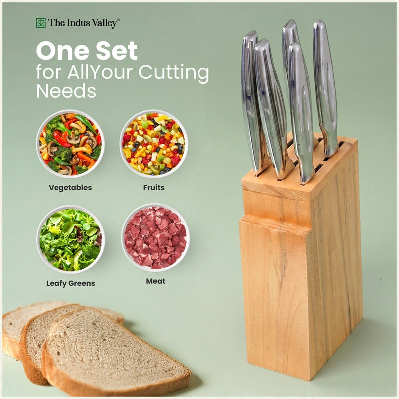 Premium Stainless Steel Knife Set of 5 with Wooden Stand