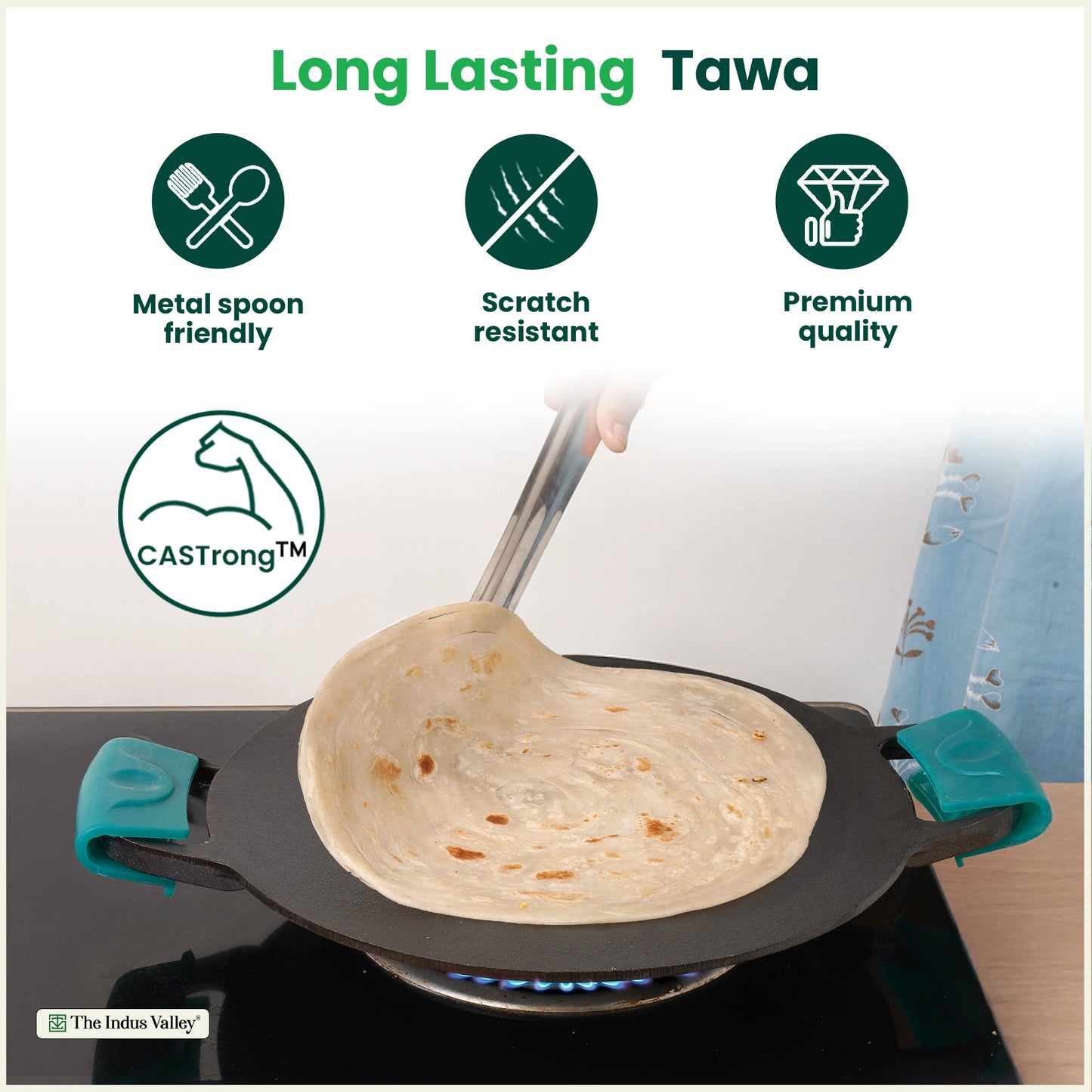 CASTrong Cast Iron Double Handle Tawa with Silicon Handle, Pre-seasoned, Naturally Nonstick, 100% Pure, Toxin-free, Dosa Tawa for Kitchen Use, 11 In/27.9 cm/2 kg