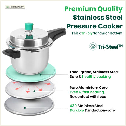 QuicKooker Tri-Steel Stainless Steel Pressure Cooker, Premium Quality, 3 Layer Heavy Bottom, 100% Safe, ISI Certified, 3 Yr Warranty, Induction & Gas, 3/5 L