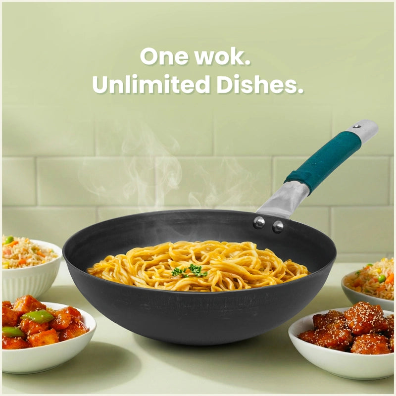 Iron Wok with Steel Cool Touch Handle 2/3.5 L & Silicone Grip, Toxin-free Sheet Iron, Pre-seasoned
