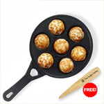 7 Pit/Cup CASTrong Cast Iron Paniyaram/Appe pan+ Free Spatula, Round, Long handle, Pre-seasoned, Nonstick, 100% Pure, Toxin-free, 21.5cm, 1.7kg